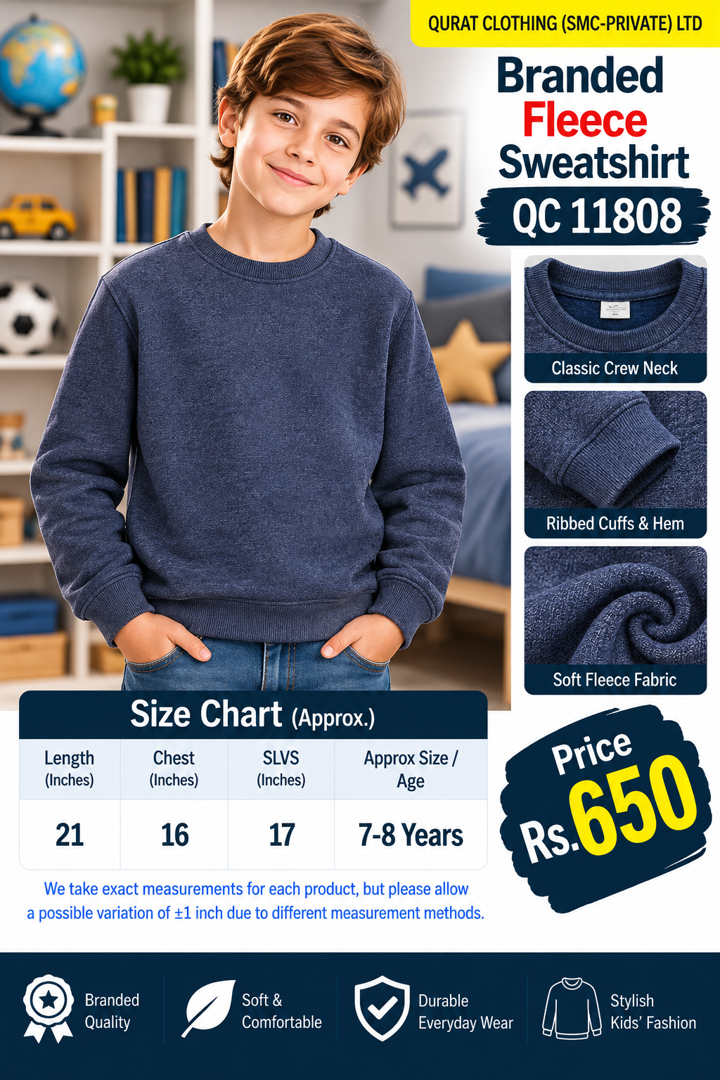 Branded Kids’ Navy Blue Plain Fleece Sweatshirt — QC11808