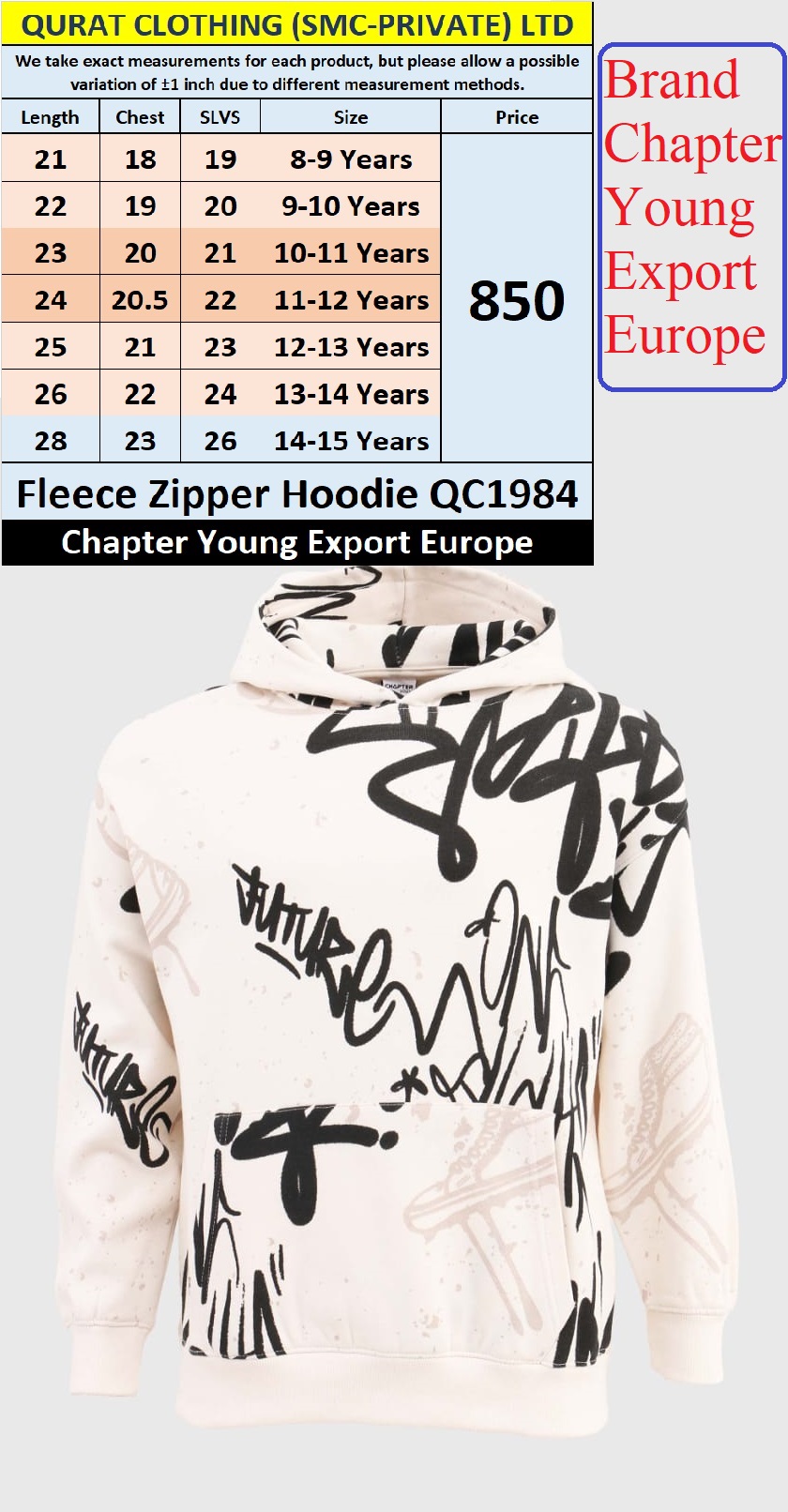 Chapter Young Brand Fleece Pullover Hoodie QC1984 Export Europe