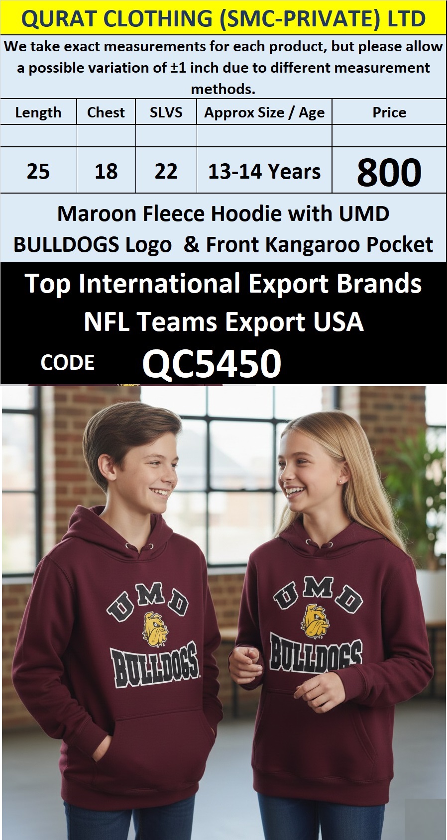 Maroon Fleece Hoodie UMD Bulldogs Printed Logo with Front Kangaroo Pocket – Export USA – QC5450