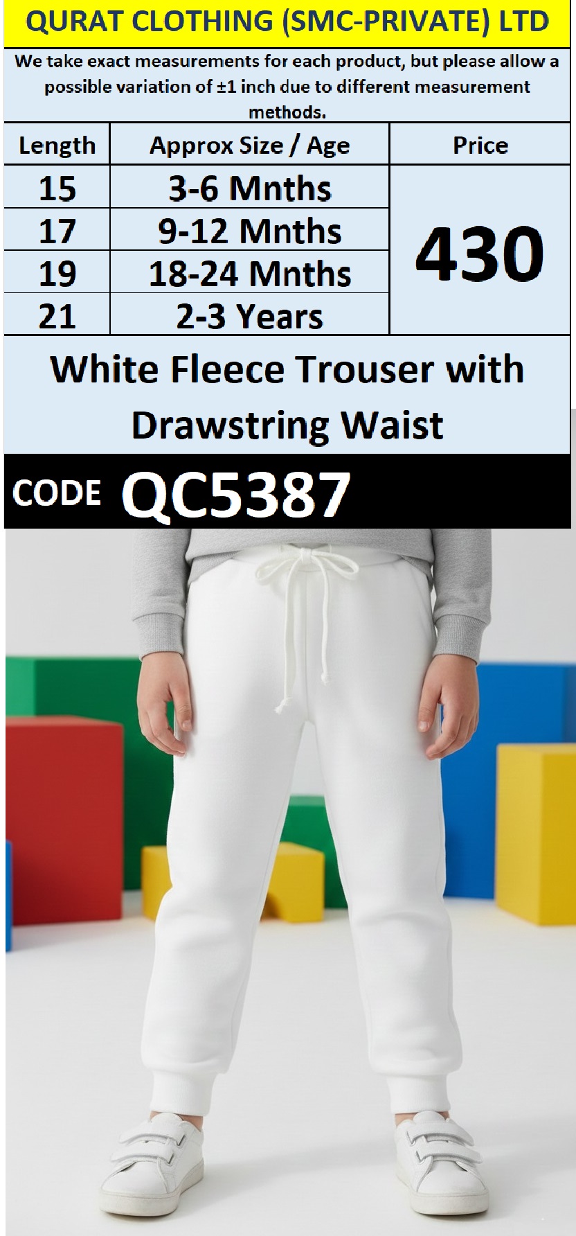 White Fleece Trouser with Drawstring Waist for Babies & Kids QC5387
