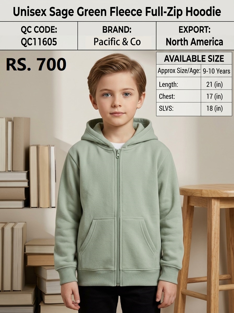 Pacific & Co Unisex Sage Green Fleece Full-Zip Hoodie – Export North America – QC11605