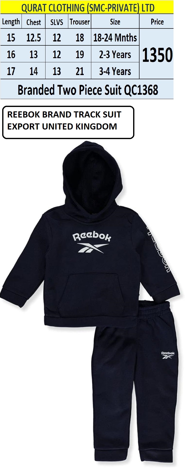 Reebok Branded Black Track Suit QC1368 Export United Kingdom 