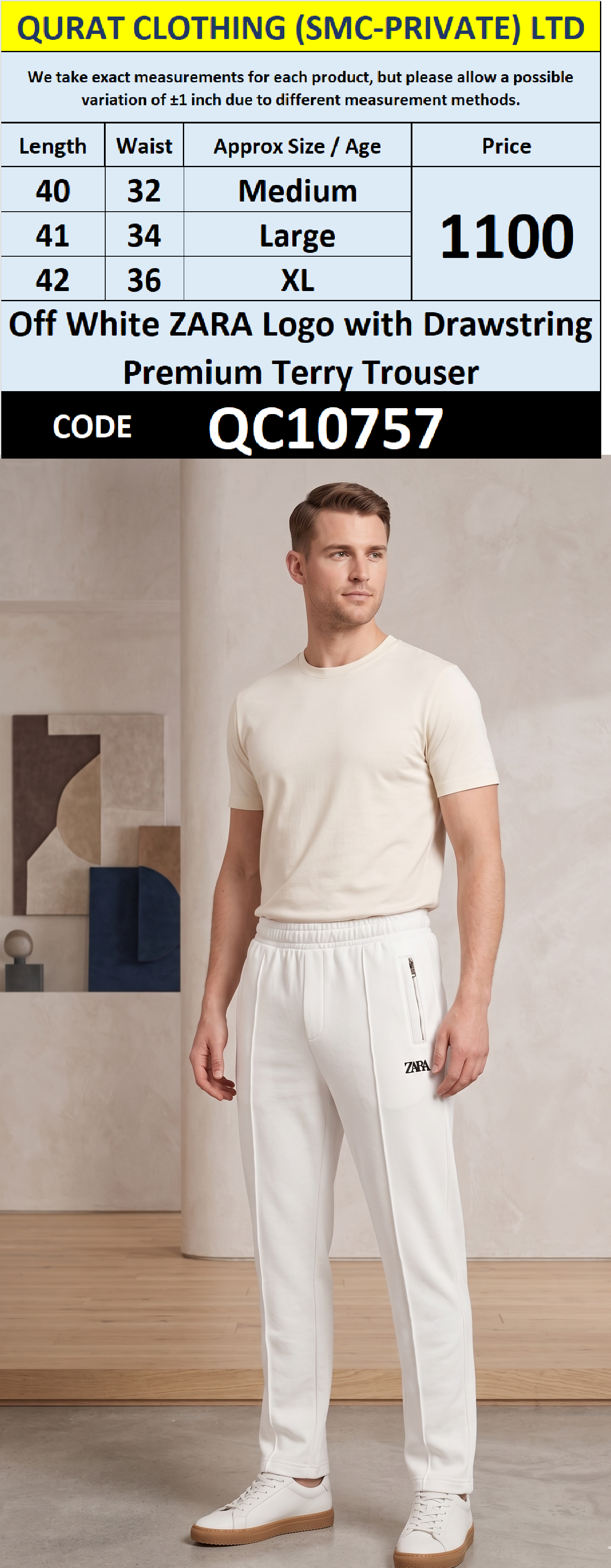 Off White ZARA Logo with Drawstring Premium Terry Trouser QC10757