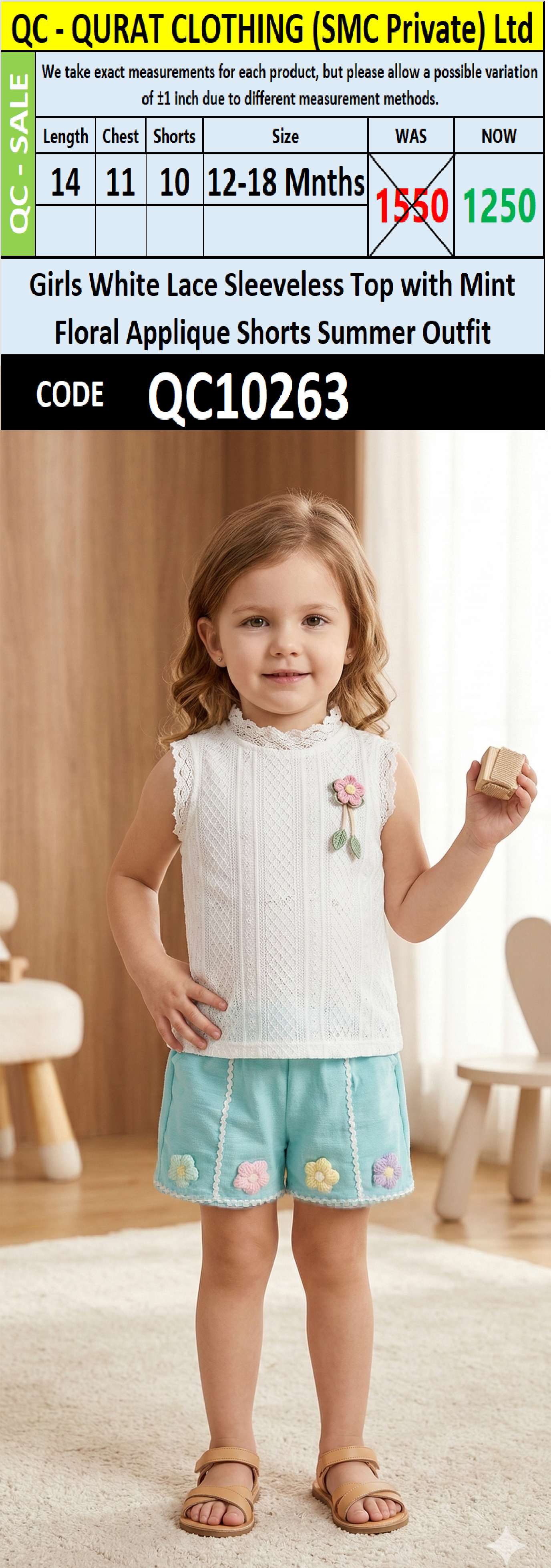 Girls White Lace Sleeveless Top with Mint Floral Applique Shorts Summer Outfit – QC10263