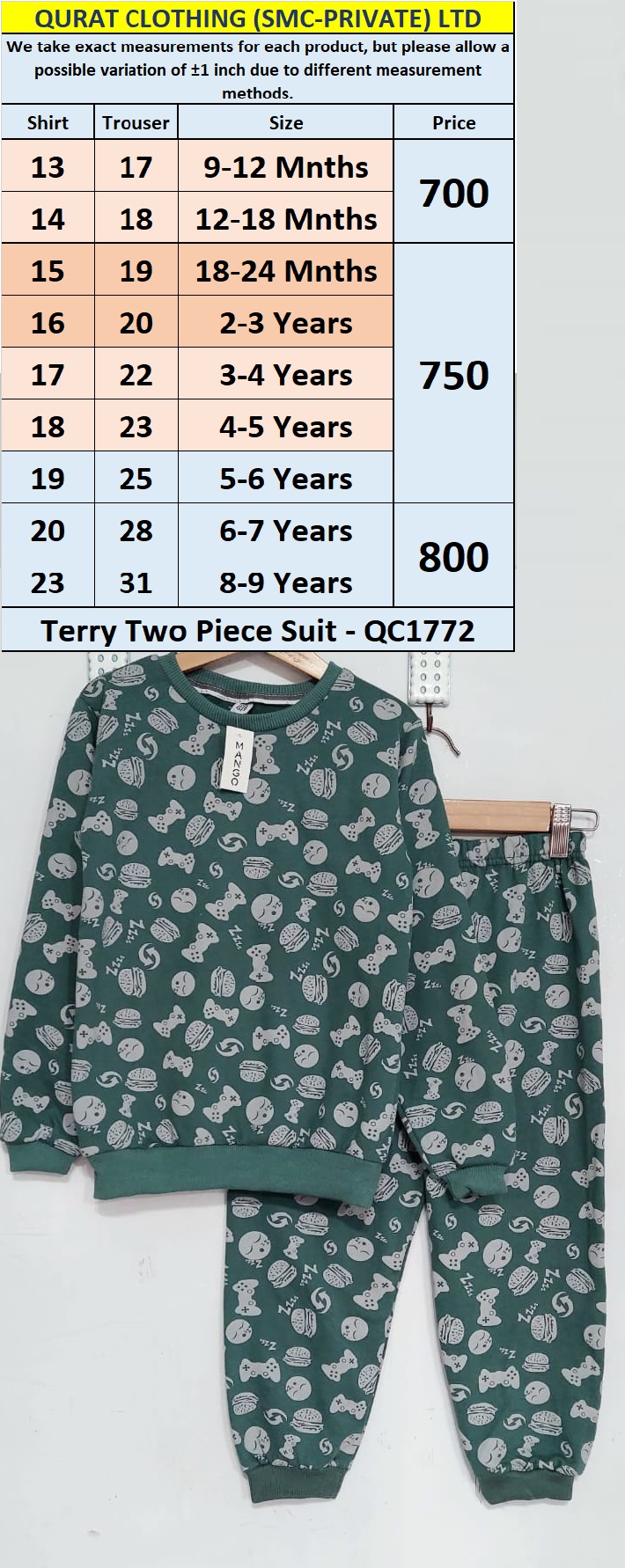 Qurat Clothing's QC1772 Terry Eat, Sleep, Game Repeat Two-Piece Suit unites style, comfort and warmth.