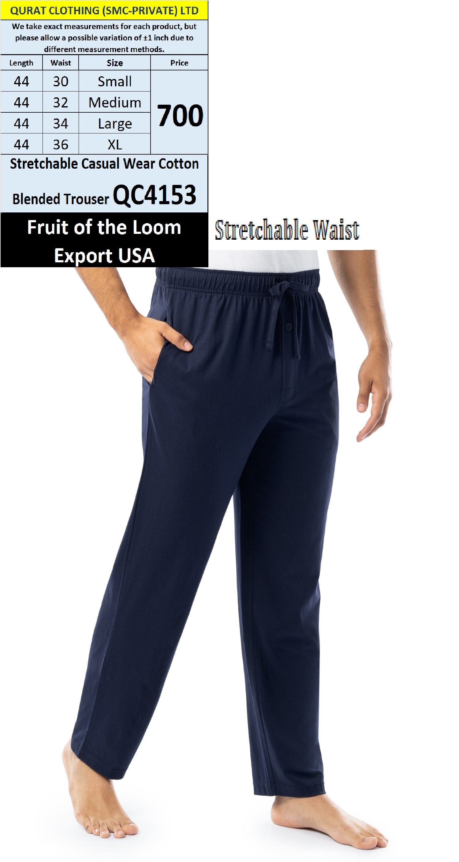 Blue Fruit of Loom Brand Casual Wear Cotton Blended Trousers QC4153 Export USA - QC4153
