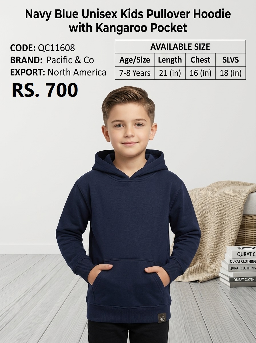 Pacific & Co Navy Blue Unisex Kids Pullover Hoodie with Kangaroo Pocket – Export North America – QC11608
