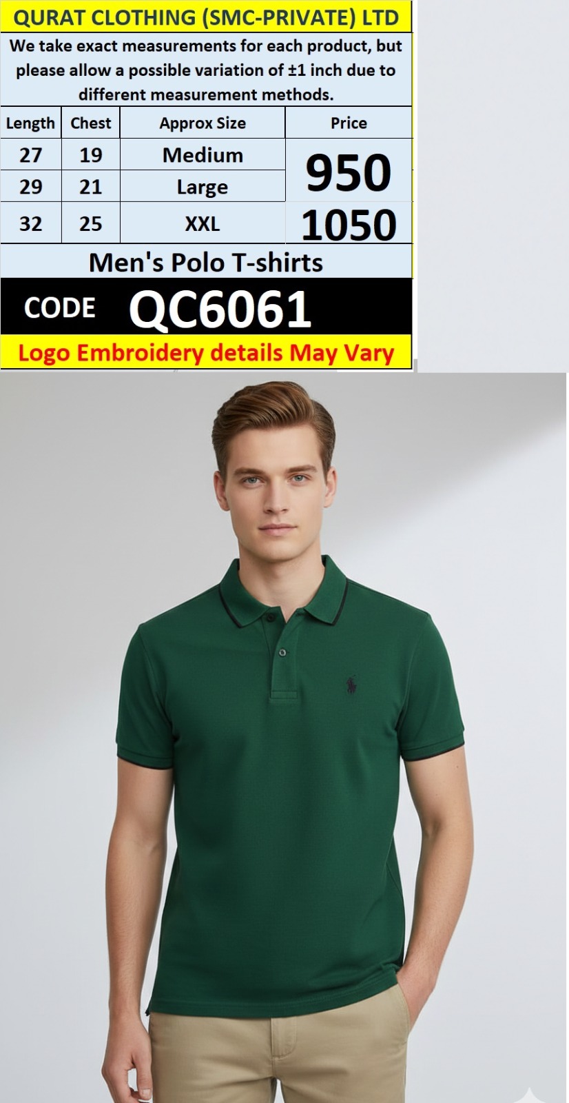 Dark Green Cotton Piqué Polo T-Shirt Embroidered Chest Logo Contrast Collar – QC6061
