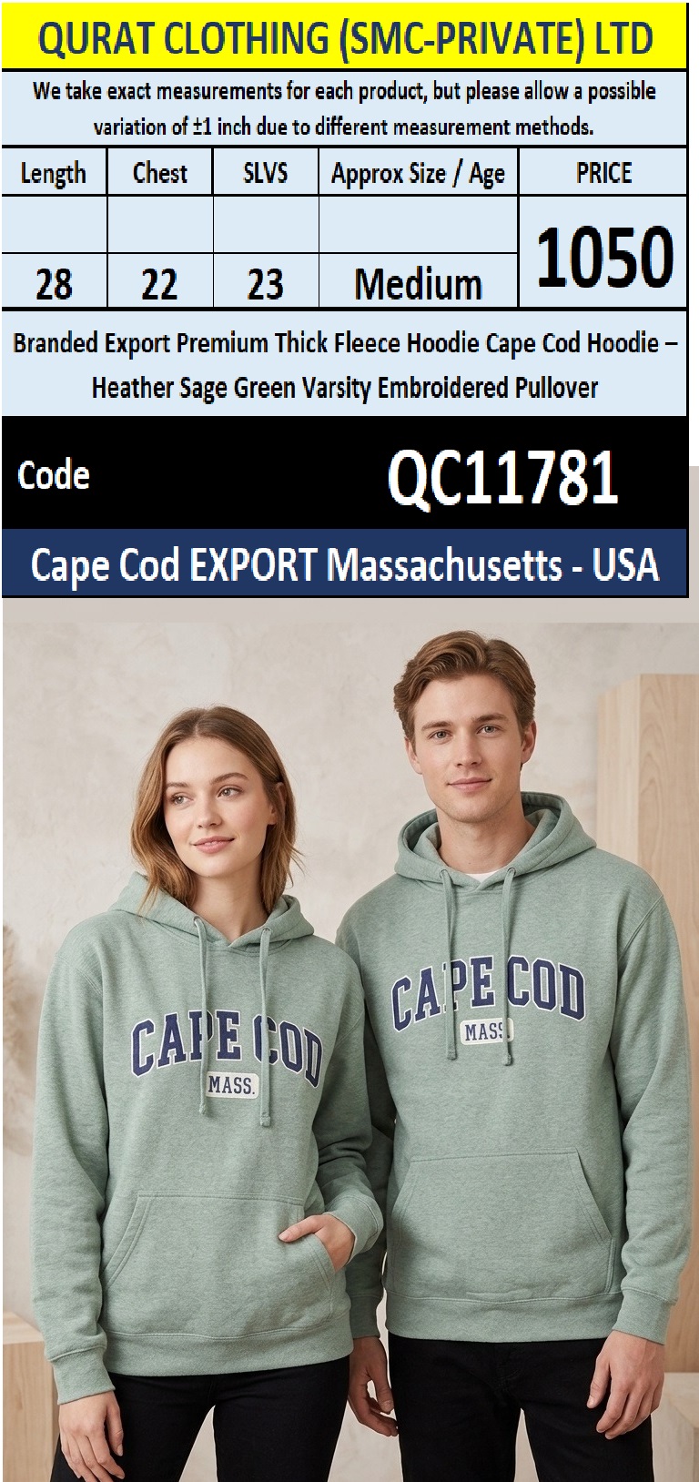Branded Export Premium Thick Fleece Heather Sage Green Cape Cod Varsity Embroidered Pullover Hoodie – QC11781