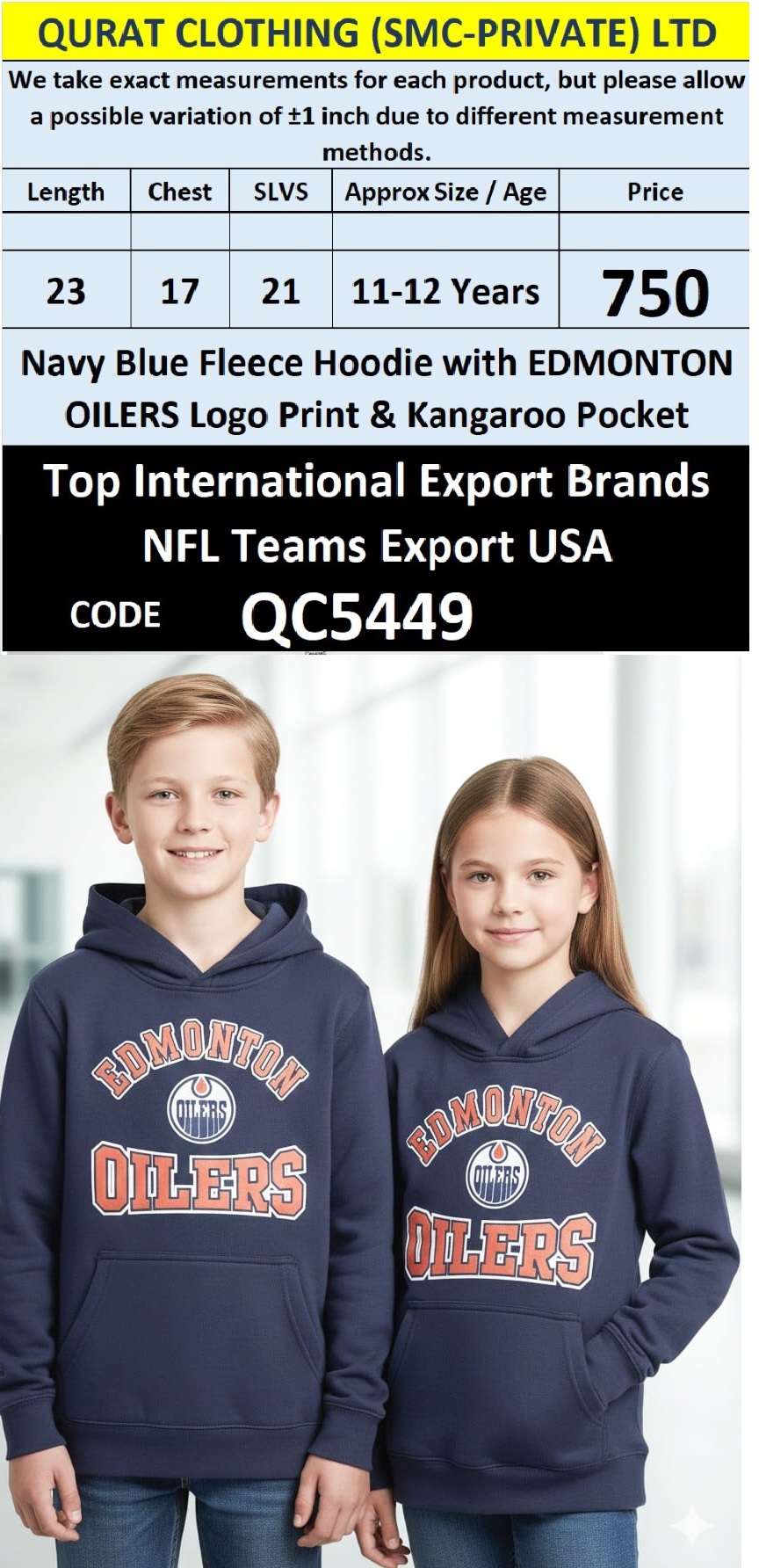 Navy Blue Fleece Hoodie EDMONTON OILERS Logo Print with Kangaroo Pocket – Export USA – QC5449
