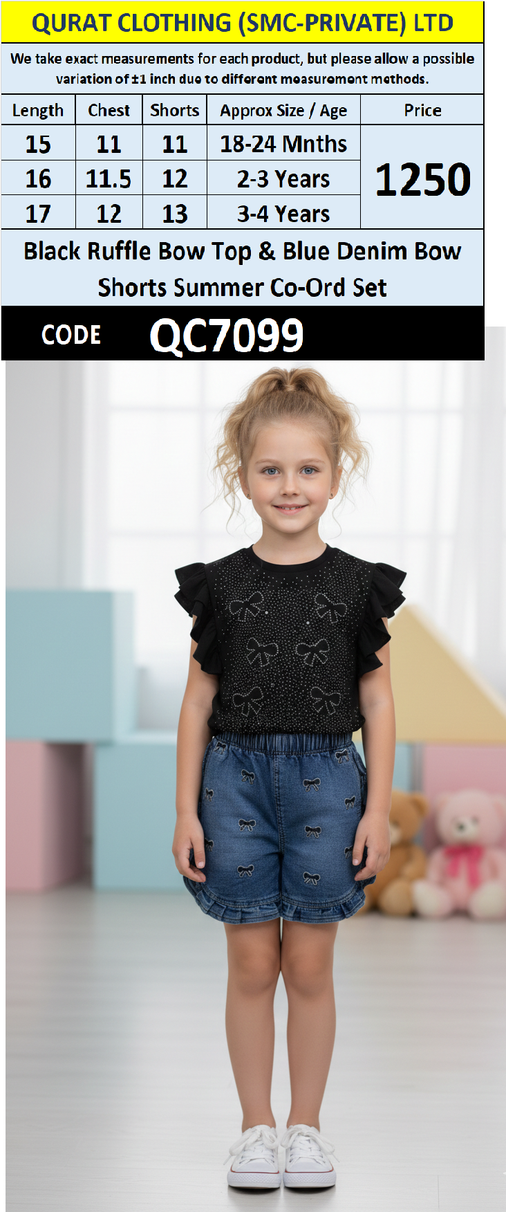 Black Ruffle Bow Top & Blue Denim Bow Shorts Summer Co-Ord Set – QC7099