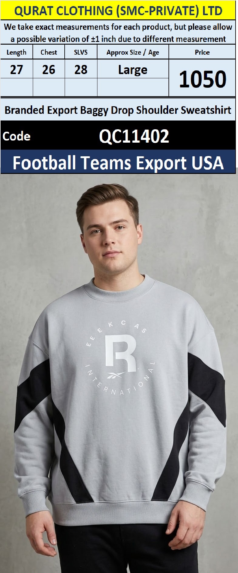 Branded Export Baggy Drop Shoulder Reebok International Sweatshirt – Football Teams Export USA – QC11402