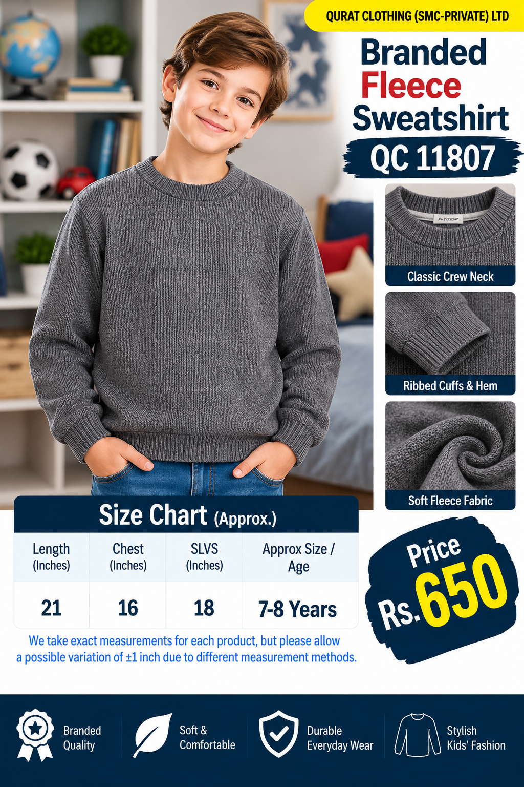 Branded Kids’ Charcoal Grey Plain Fleece Sweatshirt — QC11807