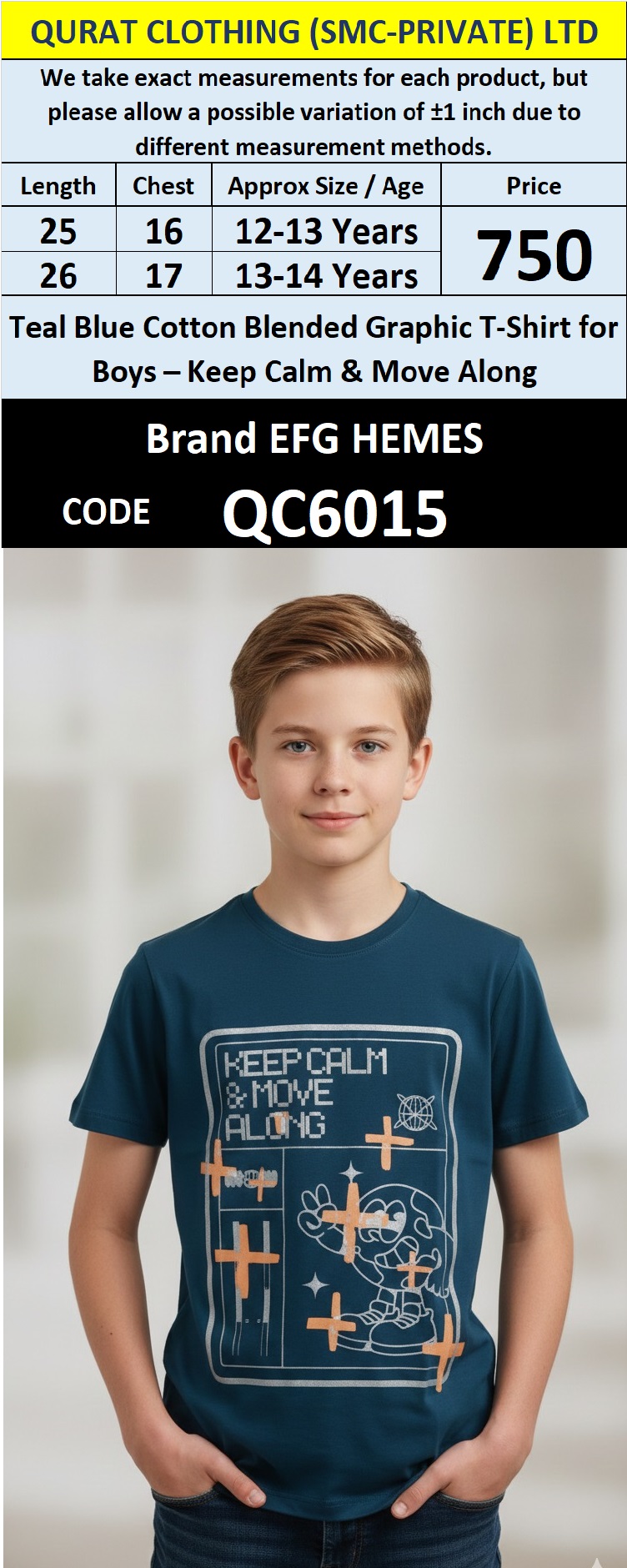 Teal Blue Cotton Blend Boys T-Shirt KEEP CALM & MOVE ALONG Graphic – QC6015