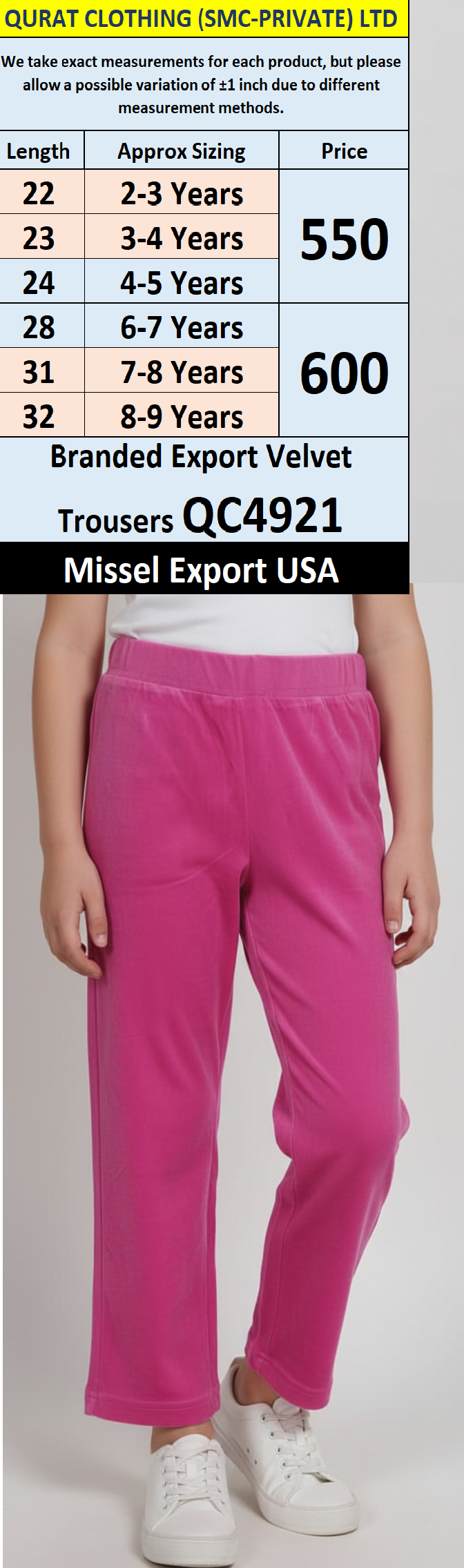 Missel QC4921 Kids Pink Velvet Trousers – Straight Fit Export USA