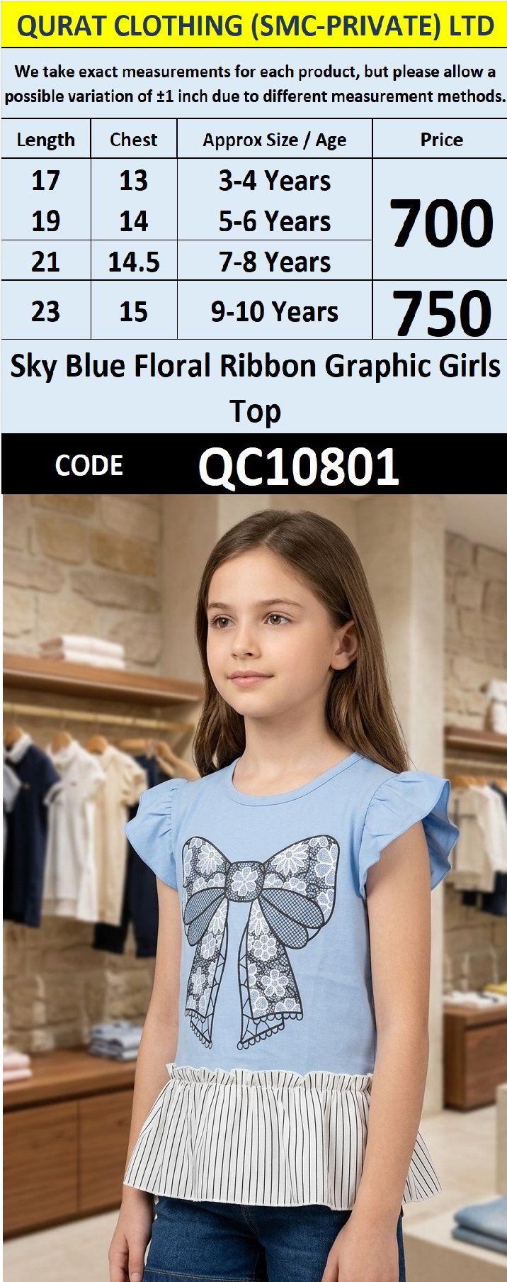 Sky Blue Floral Ribbon Graphic Girls Top QC10801