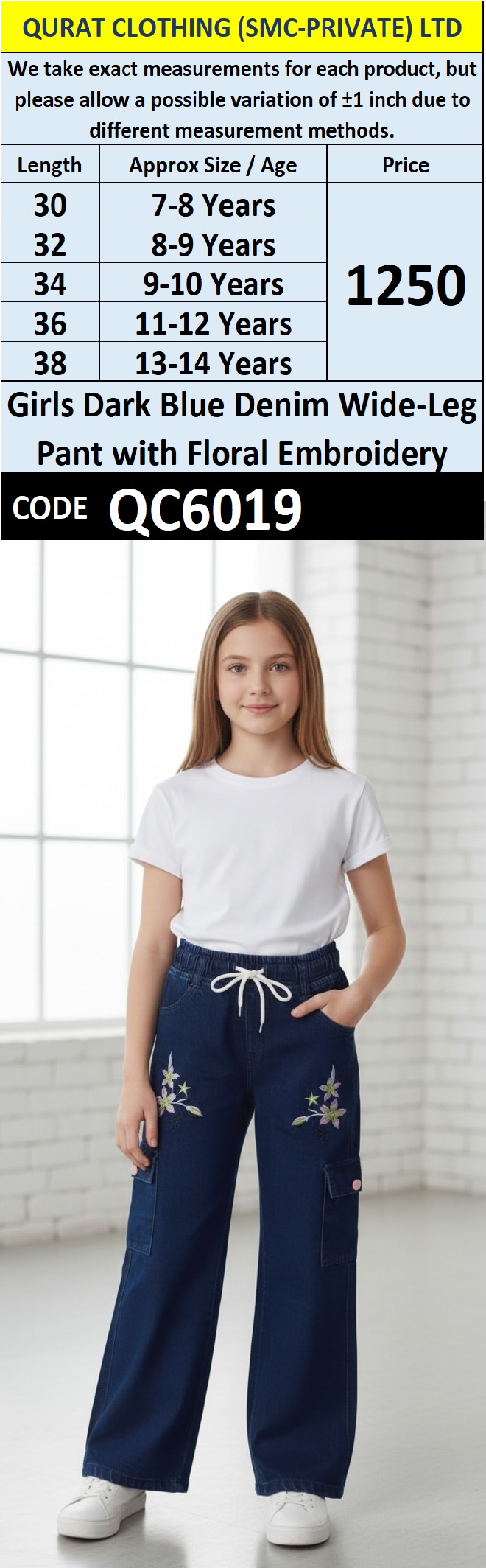 Girls Dark Blue Denim Wide-Leg Pant Floral Embroidery – QC6019