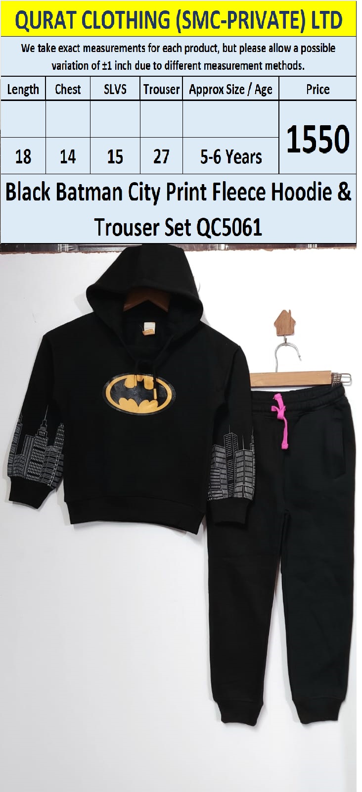 Black “Batman City Print” Fleece Hoodie & Trouser Set QC5061 