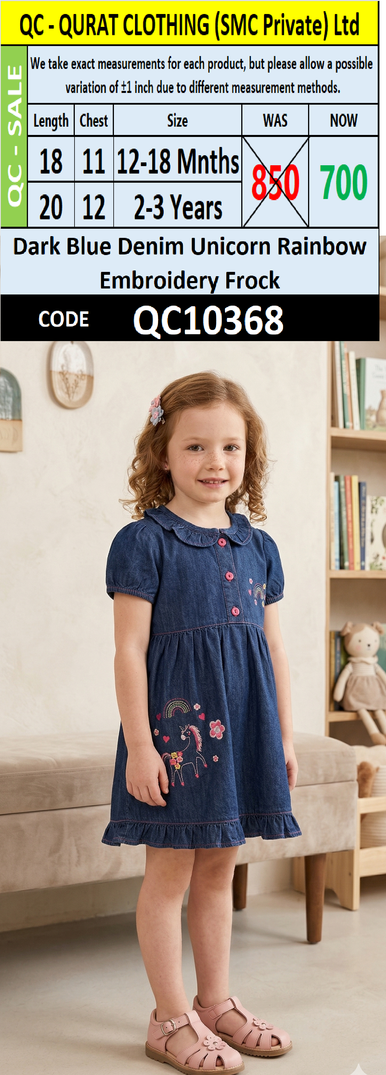 Dark Blue Denim Unicorn Rainbow Embroidery Frock QC10368