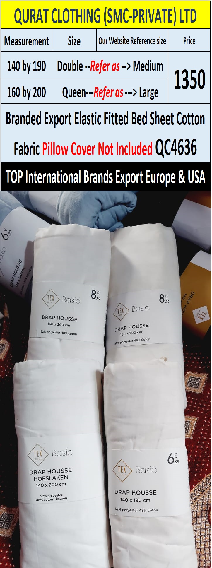 Top Intl Brand Elastic Fitted Cotton Bed Sheet QC4636 Export Europe & USA