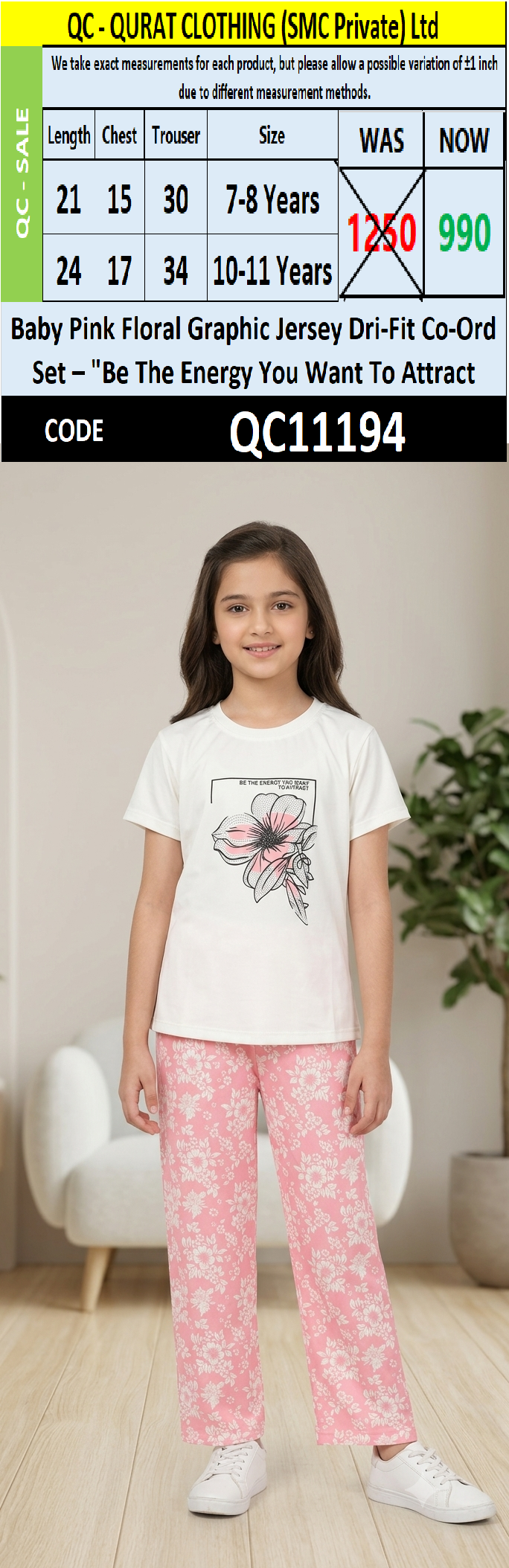 Baby Pink Girls Floral Graphic Printed Jersey Dri-Fit Co-Ord Set – "Be The Energy You Want To Attract" QC11194