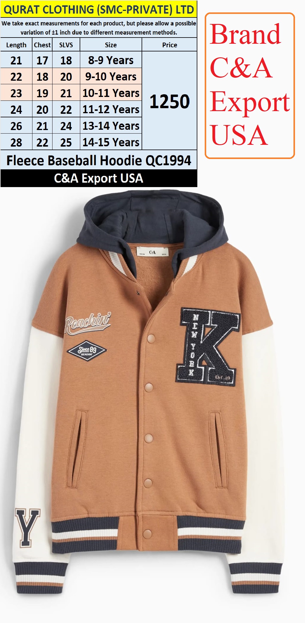 C&A Brand Fleece Baseball Jacket QC1994 Export USA