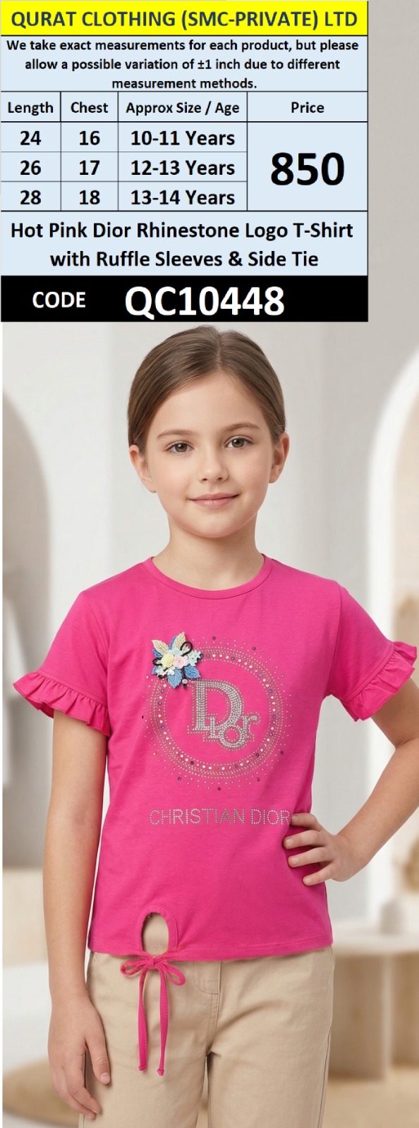 Hot Pink Dior Rhinestone Logo T-Shirt with Ruffle Sleeves & Side Tie QC10448