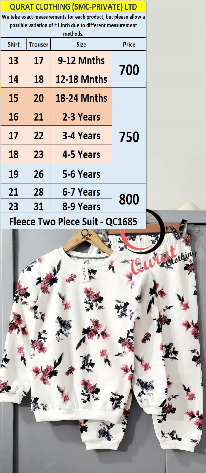 Kids Floral Print Fleece Two-Piece Suit QC1685 | Qurat Clothing
