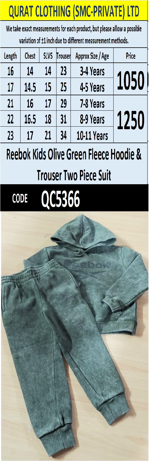 Reebok Kids Olive Green Fleece Hoodie & Trouser Two Piece Suit QC5366