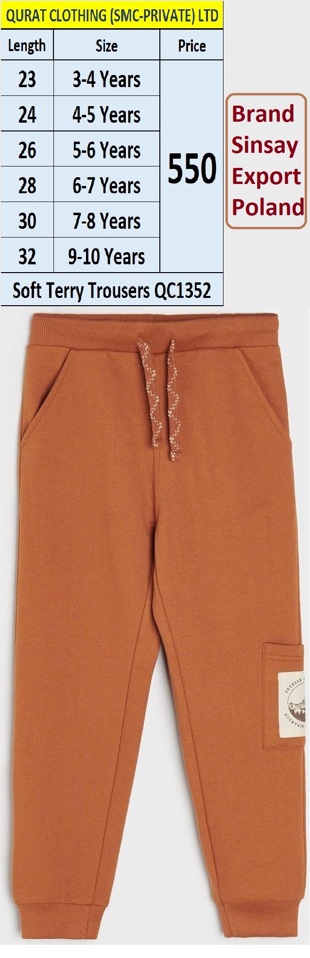 Sinsay Brand Terry Brown Rust Trouser QC1352, Export Poland