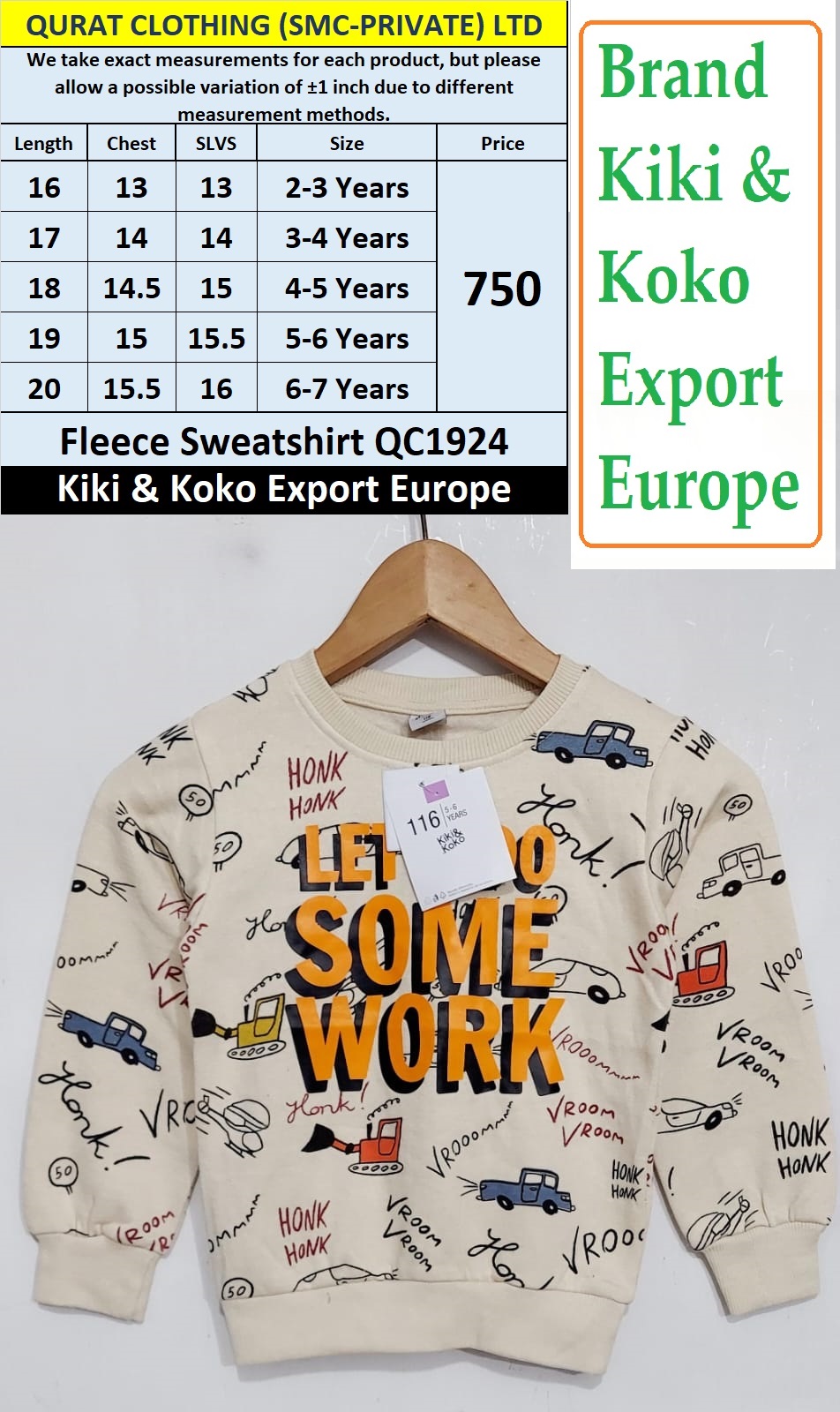 Kiki & Koko Brand Fleece Sweatshirt QC1924 Export Europe