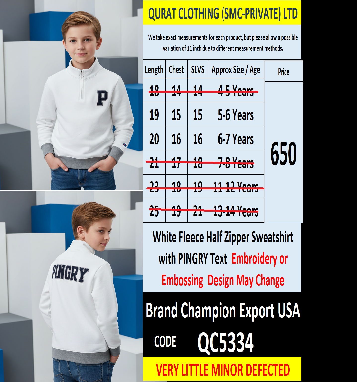 Champion Kids White Fleece Half Zipper Sweatshirt Pingry Text Back Embroidery Export USA QC5334