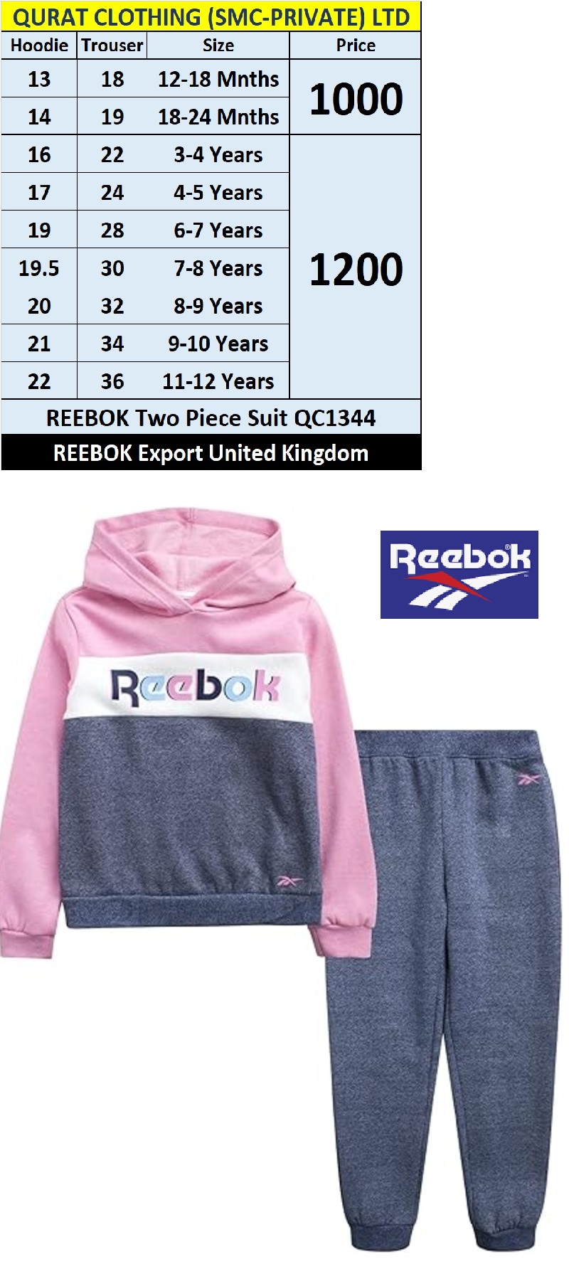 Reebok Brand Tracksuit (Hoodie & Trouser) QC1344 Export United Kingdom