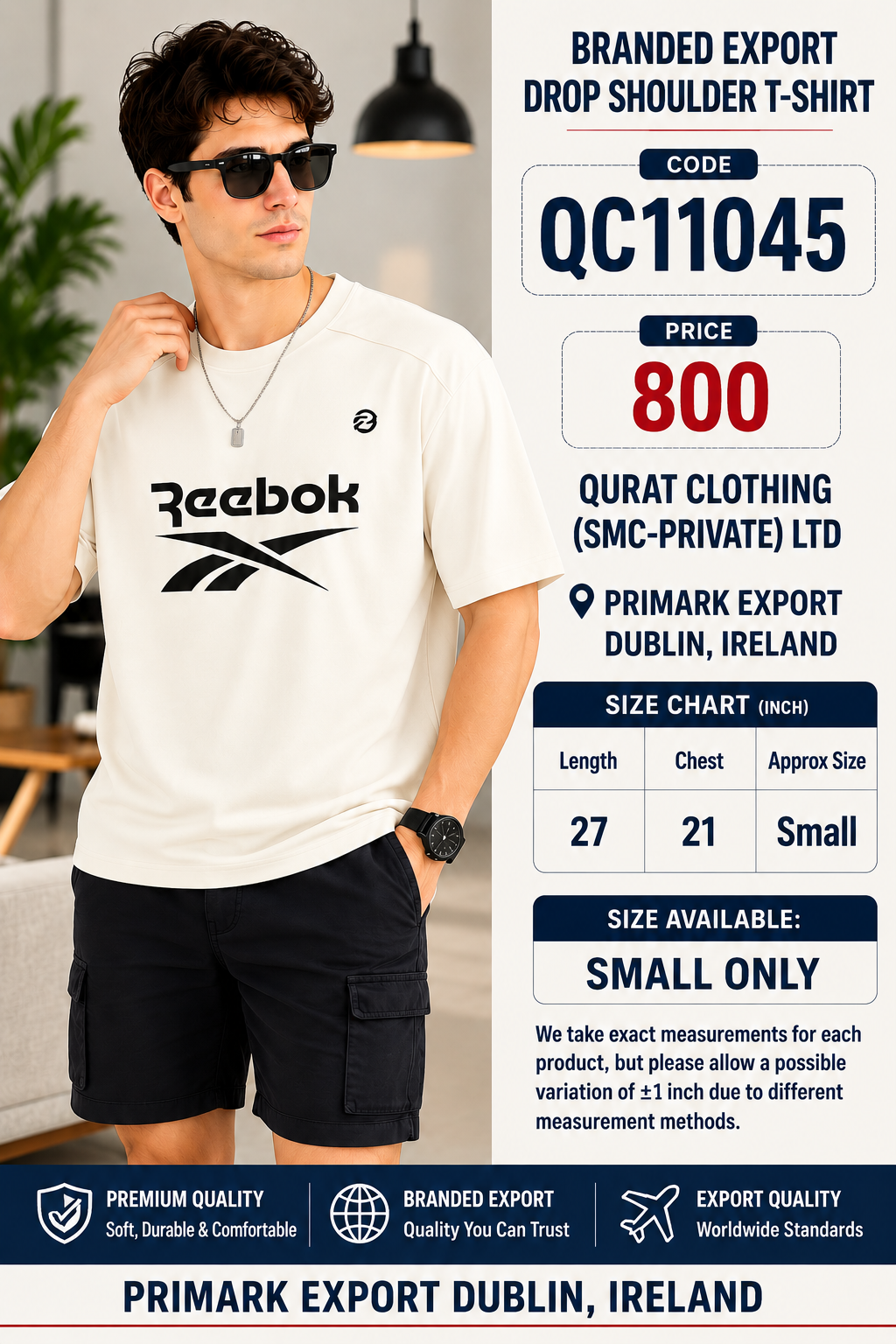 Off White Reebok Logo Branded Export Drop Shoulder T-Shirt QC11045 – Primark Export Dublin Ireland