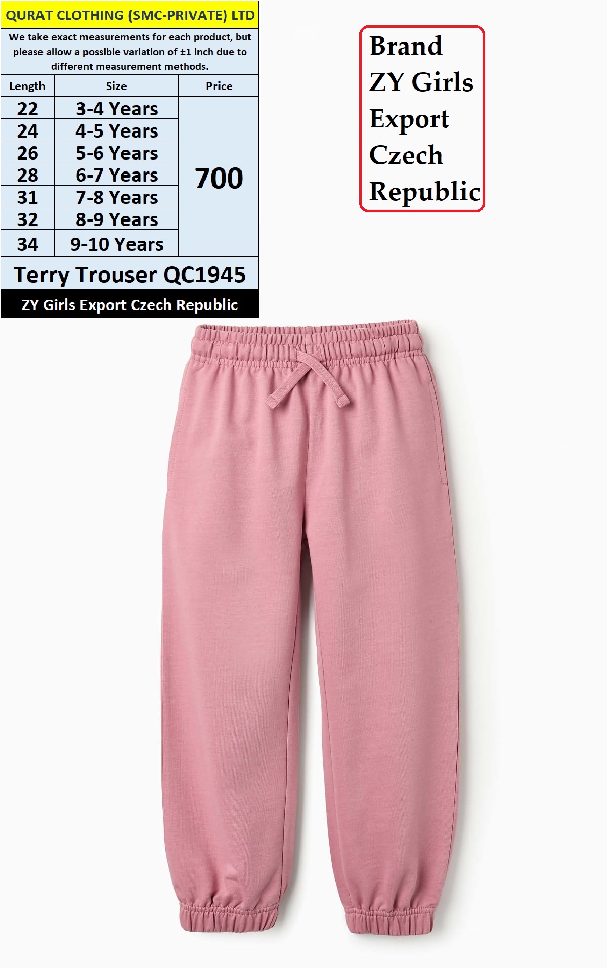 ZY Girls Brand Terry Trouser QC1945 Export Czech Republic