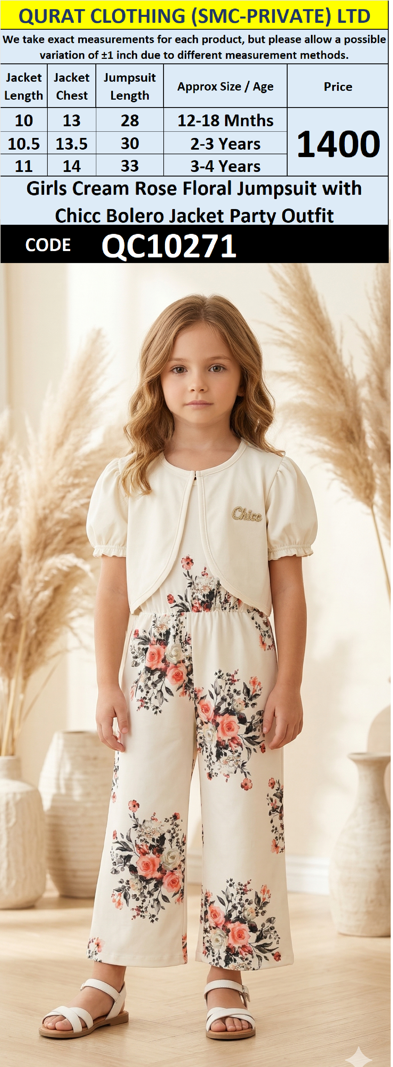 Girls Cream Rose Floral Jumpsuit with Chicc Bolero Jacket Party Outfit – QC10271 - QC10271