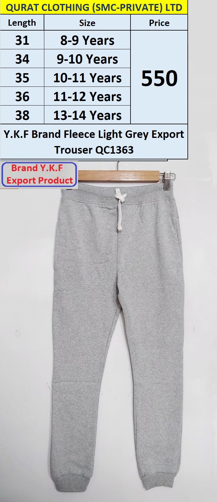 Y.K.F Brand Fleece Light Grey Export Trouser QC1363