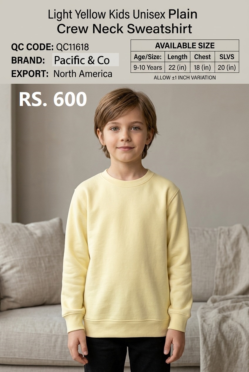 Pacific & Co Light Yellow Kids Unisex Plain Crew Neck Sweatshirt – Export North America – QC11618
