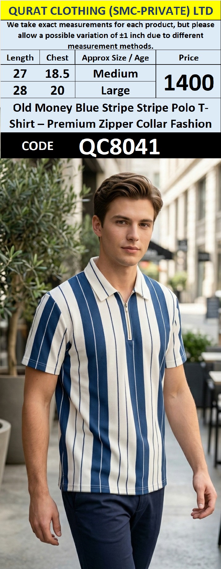 Old Money Blue Stripe Stripe Polo T-Shirt – Premium Zipper Collar Fashion QC8041 - QC8041