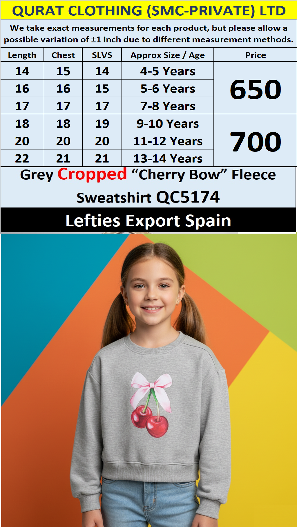 Lefties Brand Grey “Cherry Bow” Cropped Fleece Sweatshirt QC5174 – Export Spain