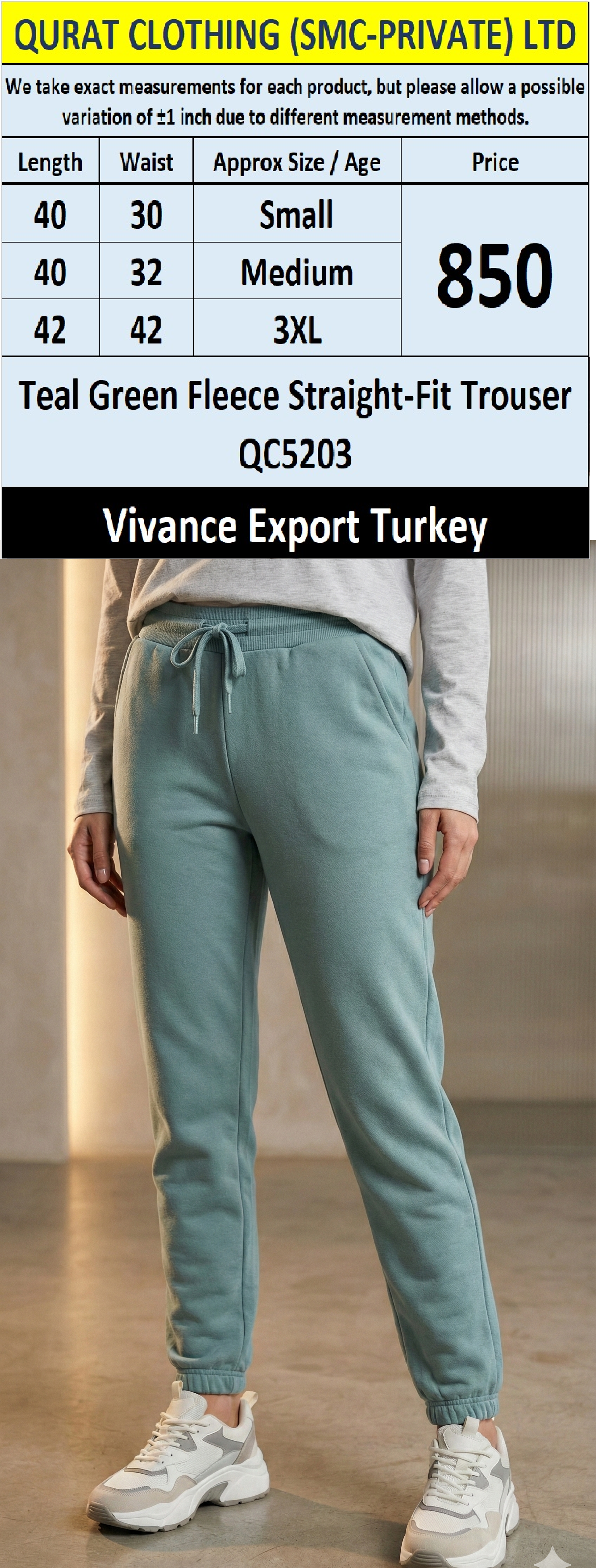 Vivance Teal Green Fleece Straight-Fit Trouser QC5203 – Export Turkey