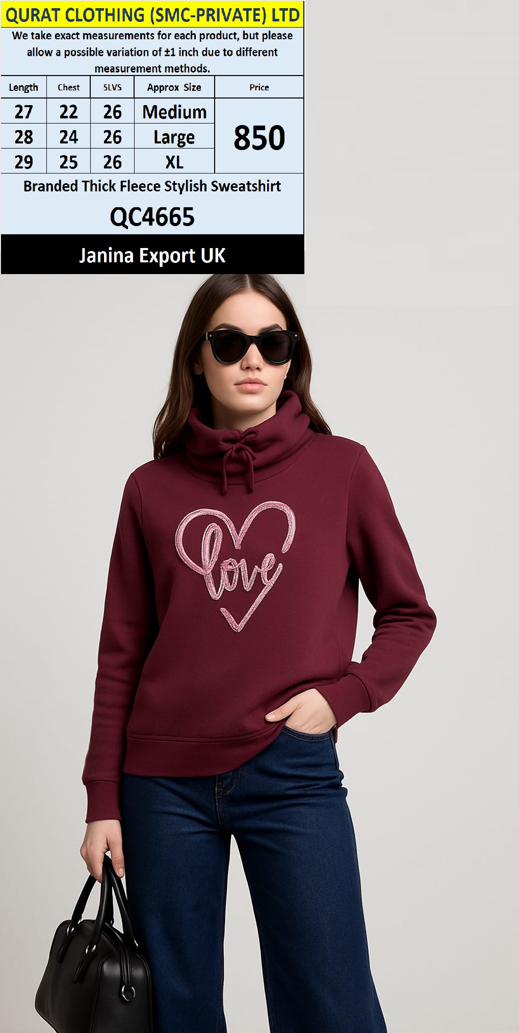 Janina Brand Thick Fleece Stylish Sweatshirt QC4665 Export UK