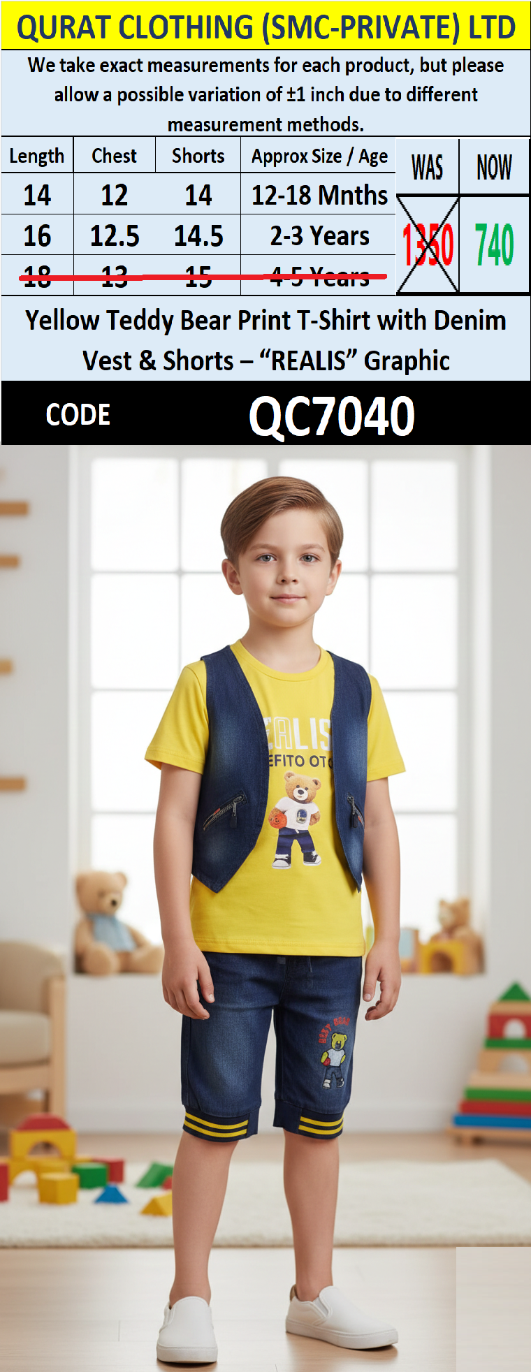 Yellow Teddy Bear “REALIS” Graphic T-Shirt with Attached Denim Vest & Denim Shorts Boys 2-Piece Set QC7040
