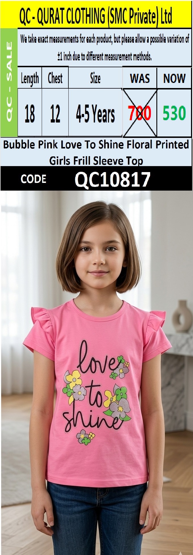 Bubble Pink Love To Shine Floral Printed Girls Frill Sleeve Top QC10817
