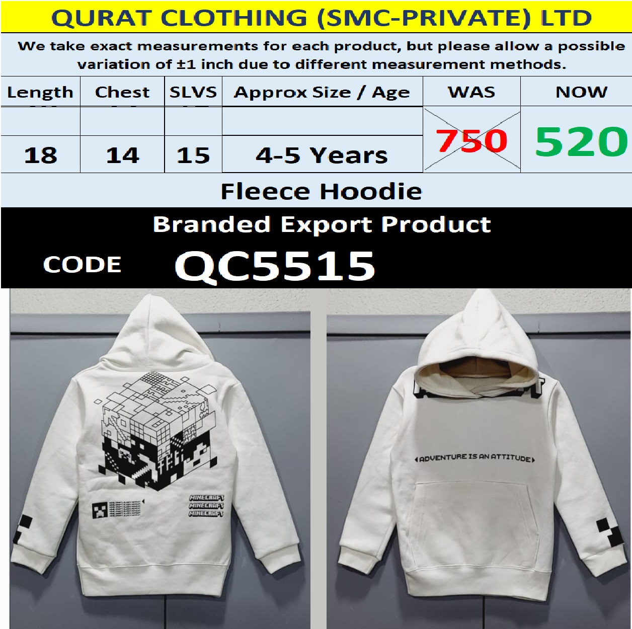 Branded Fleece Hoodie Export Product - QC5515