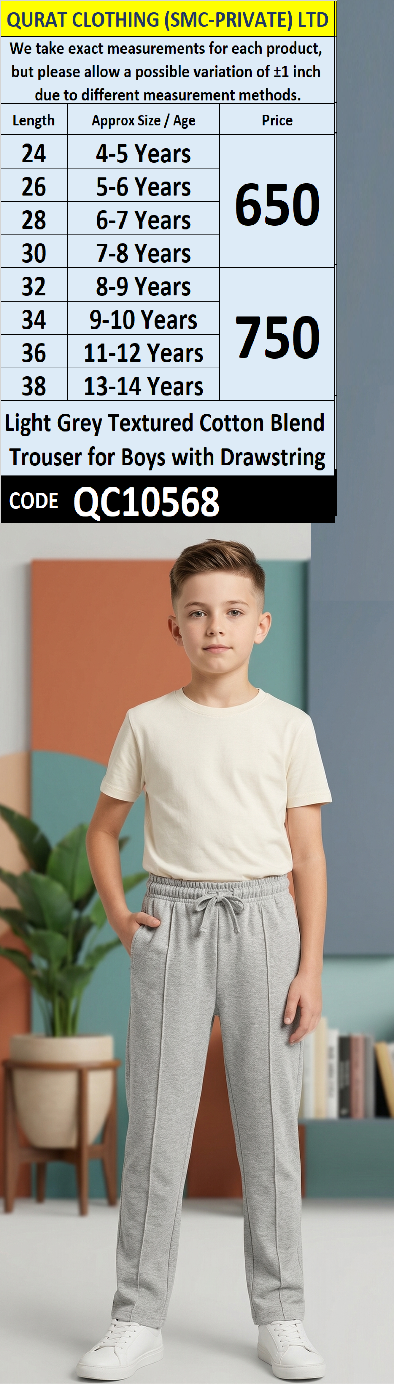 Light Grey Textured Cotton Blend Trouser for Boys with Drawstring QC10568