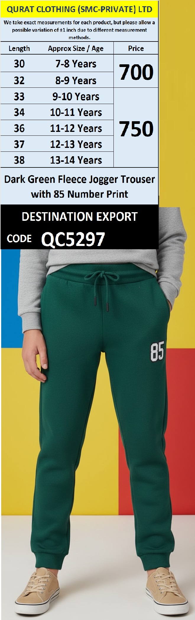 Dark Green Fleece Jogger Trouser with 85 Number Print for Kids QC5297
