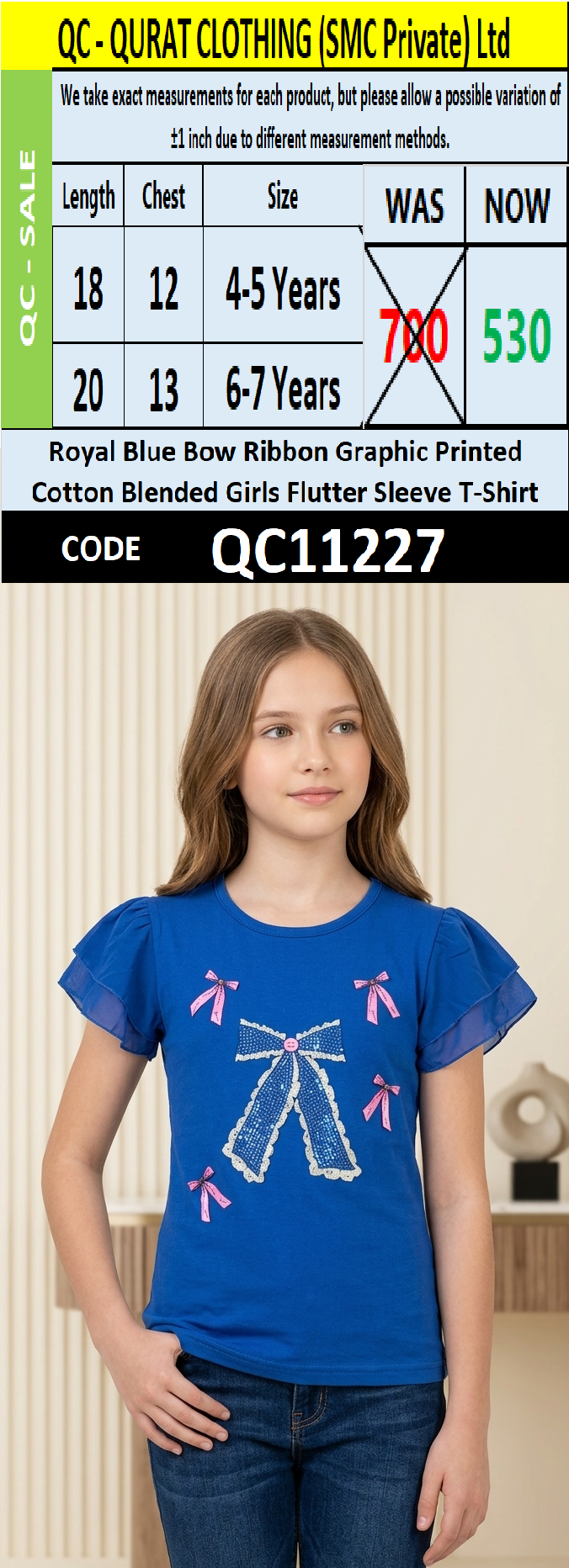 Royal Blue Bow Ribbon Graphic Printed Cotton Blended Girls Flutter Sleeve T-Shirt QC11227