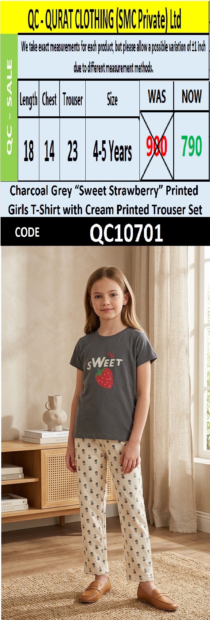 Charcoal Grey “Sweet Strawberry” Printed Girls T-Shirt with Cream Printed Trouser Set – QC10701
