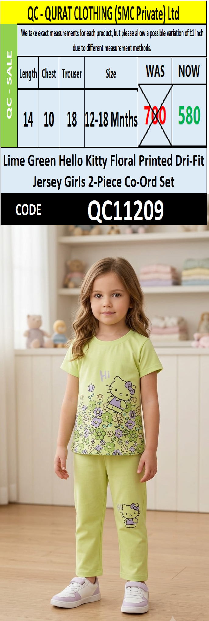 Lime Green Hello Kitty Floral Printed Dri-Fit Jersey Girls 2-Piece Co-Ord Set QC11209